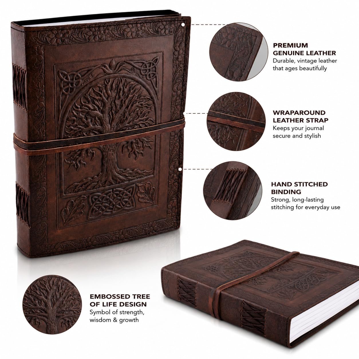 Vintage Crafts Grand livre vierge en cuir Arbre de vie