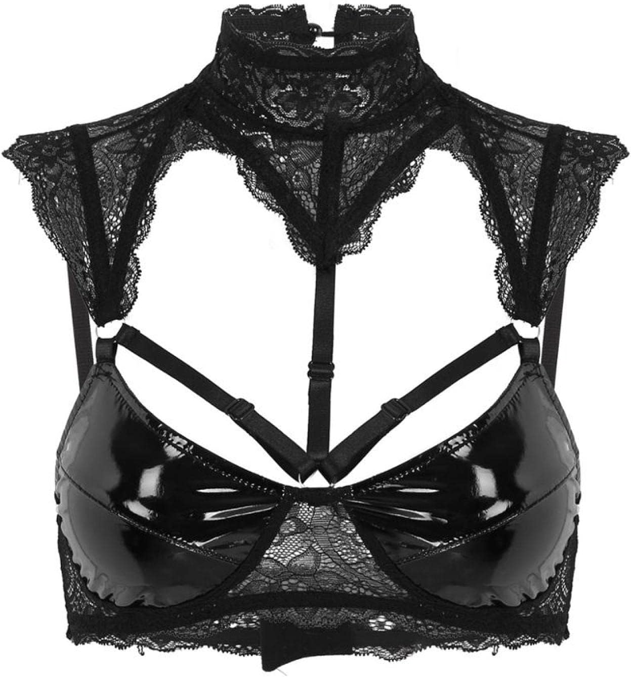 Womens Sheer Lace Lingerie Latex Tops Leather Cups Hollow Out Wire-Free Unlined Bra Crop Tops for Night Parties Clubwear,Black,M