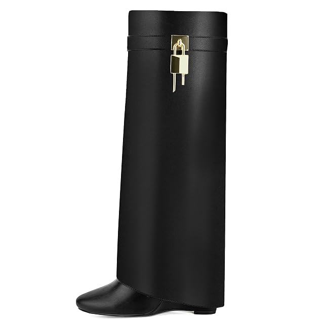Fold Over Knee High Boots for Women Pointy Pull-on Wedge Heel Knee Shark Boot With Side Zipper Covered