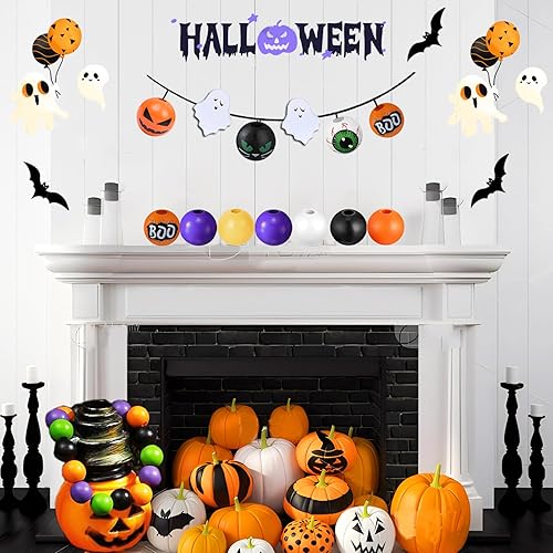 Miniatura 5 de Cuentas de madera de Halloween para manualidades, cuentas de madera de 0.63 pulgadas para hacer joyas, cuentas espaciadoras redondas sueltas para