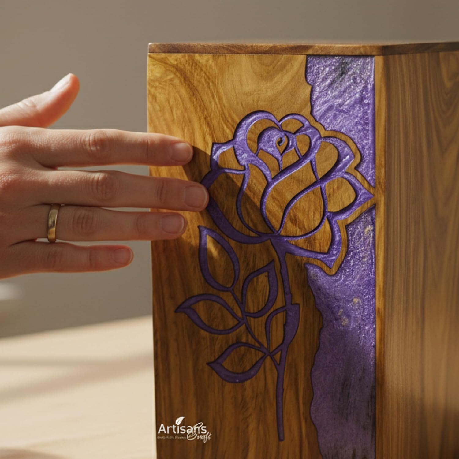 Wooden Cremation Urn for Human Ashes Medium 150 Cu In | Handmade Resin Rose Design Memorial Urn Box | Decorative Funeral Urn for Ashes | Elegant Wooden Burial Urn Keepsake for Loved One
