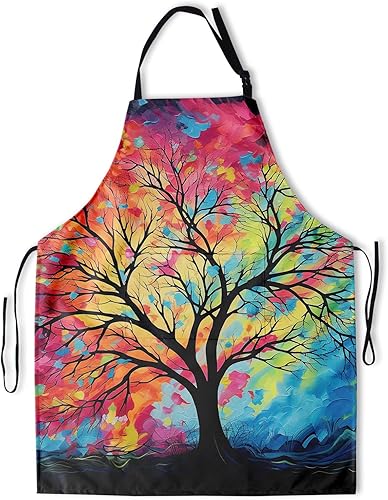Miniatura 18 de Delantal de acuarela para plantas con bolsillos, delantales de cocina de arco iris, diseño de hojas florales para cocina Arte de pintura de árbol
