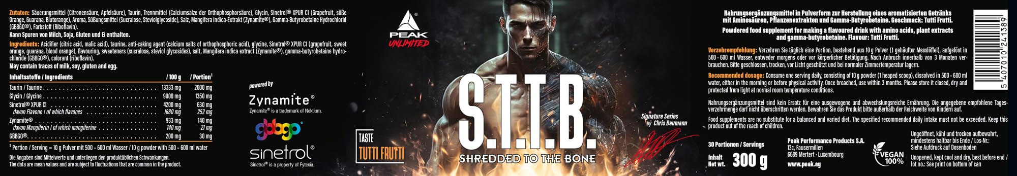 PEAK S.T.T.B - Shredded to the bone - 300g Geschmack Tutti Frutti I 30 Portionen I Diät Drink und Stoffwechsel Booster mit Sinetrol®, Zynamite® und GBBGO® I ohne Koffein