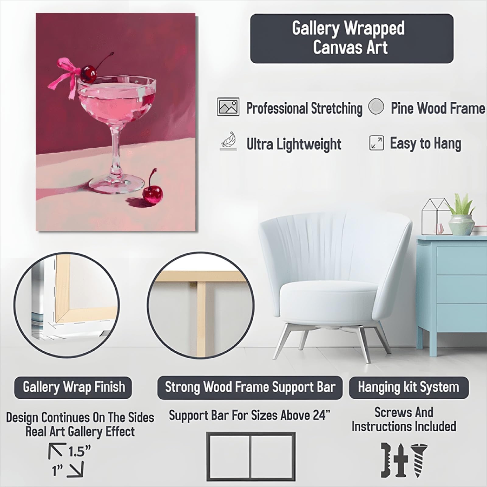 TONGYINLI Martini Pink Cocktail Canvas Plakat na płótnie Dekoracja sypialni Salon Hall 80 x 140 cm z ramą