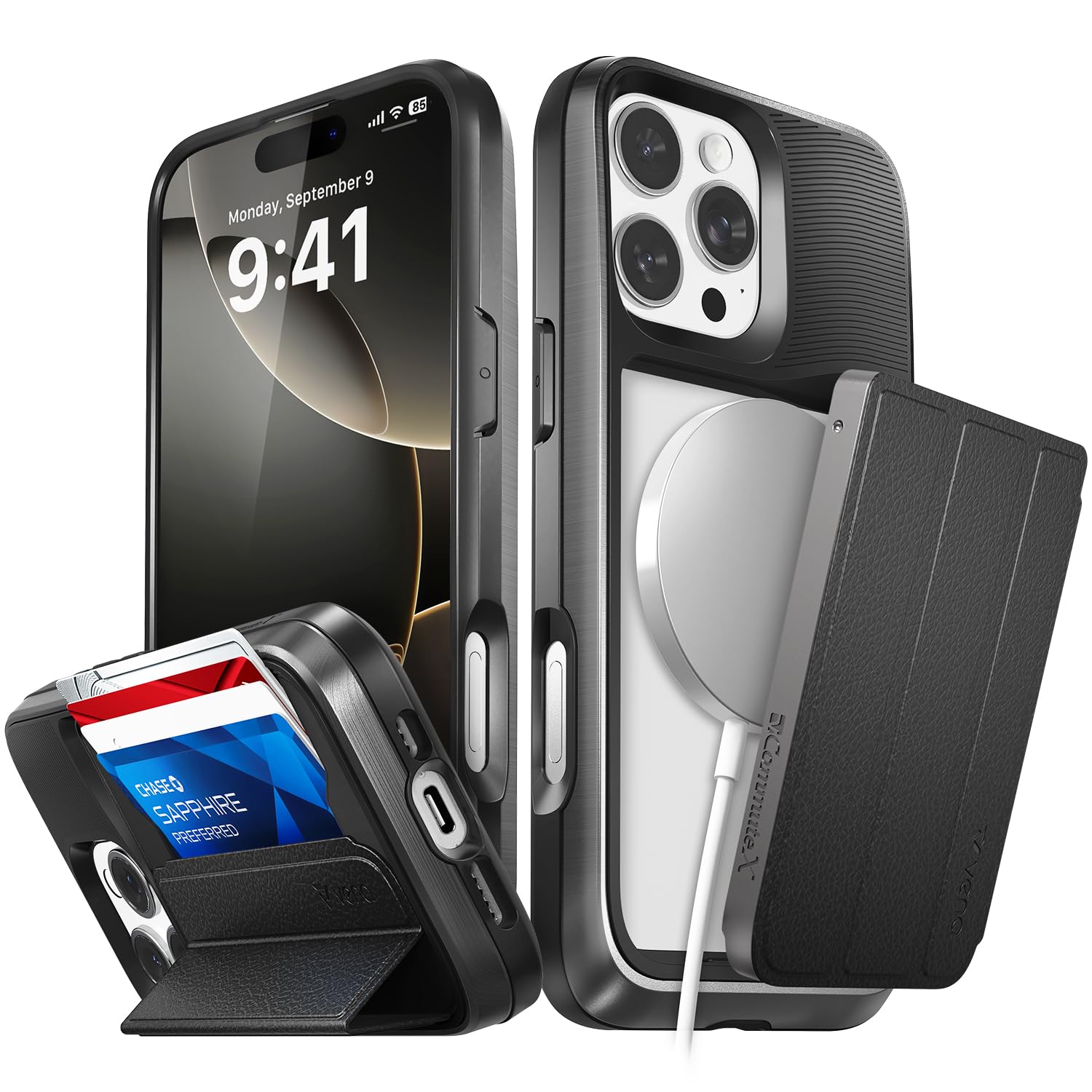 VENA vCommuteX for iPhone 16 Pro Max Wallet Case (MagSafe Compatible), [Military Grade Drop Protection] Detachable Leather Cover Slot Card Holder with Kickstand - Black