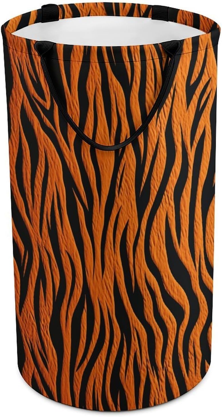 Large Laundry Hamper with Handles Tiger Stripes Orange Laundry Basket Freestanding Waterproof Clothes Hamper for Living Room Bedroom Bathroom College Dorm