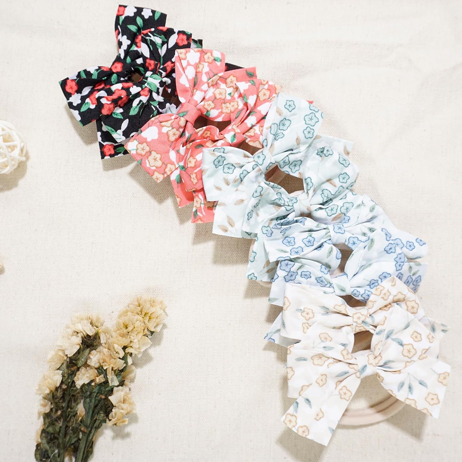 Baby Girl Hair Bows Ties with Flowers, 10PCS No Damage Soft Elastic Nylon Hair Bands, Floral Pigtails Ponytail Holders Small Hair Accessories for Toddlers