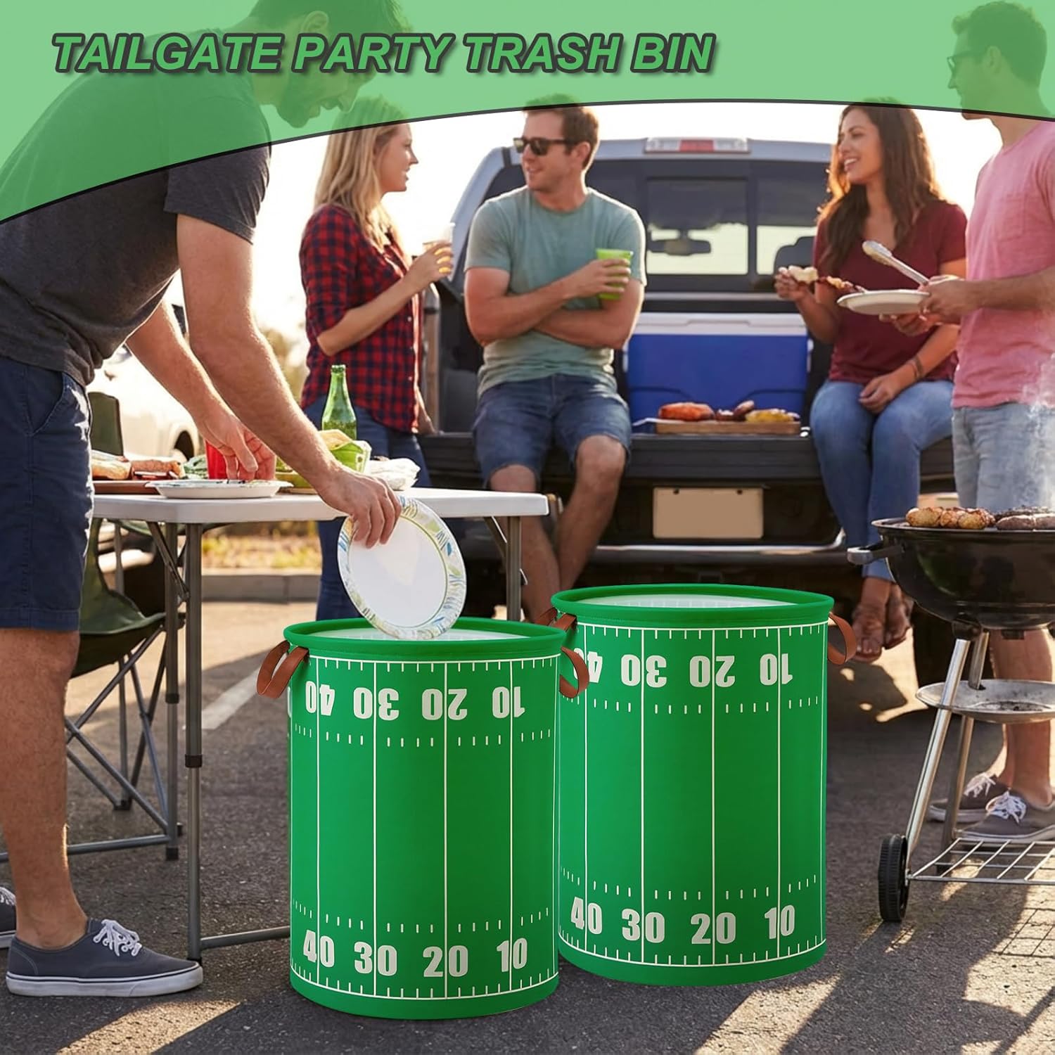 Remerry 2 Pcs Football Trash Can 17.7 x 13.8 Inch Portable Foldable Garbage Can Fabric Trash Basket with Handles for Outdoor Camping Football Party Favors Tailgates Game Day
