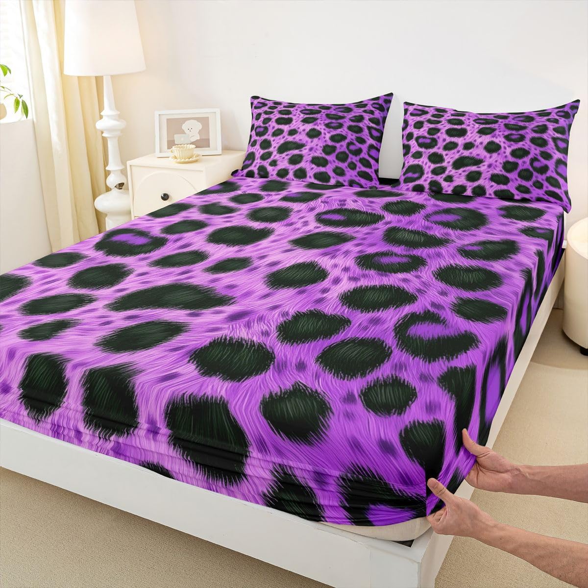 Erosebridal Purple Leopard Skin Sheet Set Cheetah Print Full Size Bed Sheets for Toddler Boys,Large Spotted Leopard Wild Animal Fur Hair Bedding Set
