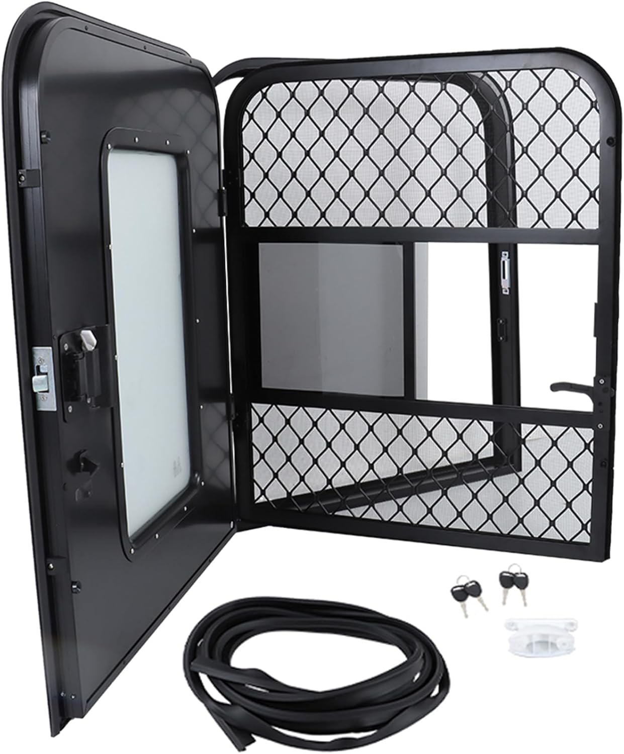 WFLNHB 30(W) x 36(H) Driver RV Entry Door with Radius Corners on Top and Square Bottom with Screen Door and Window Black