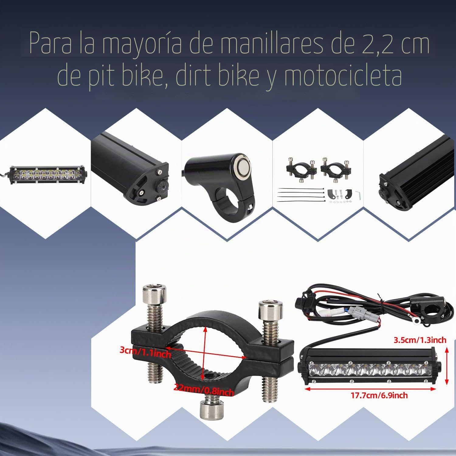 Barra de luz LED doble fila 8 pulgadas, 10-30 V, luz impermeable todoterreno con kit de arnés, universal para manillares 7/8 pulgadas YZ125 YZ250F WR250F