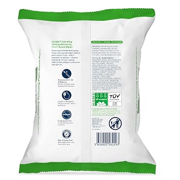 CeraVe Makeup Remover Wipes, Plant Based Face Wipes, Biodegradable in Compost, Waterless Face Wash, Travel Essentials for Women, Suitable for Sensitive Skin, Fragrance-free + Non-comedogenic, 25ct