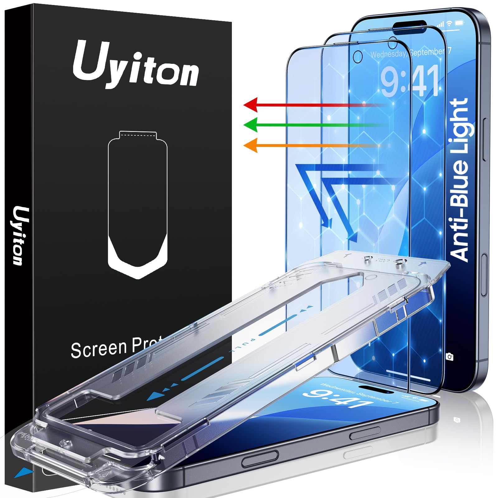 Uyiton Compatible with iPhone 16 Pro Max Screen Protector (Anti-Blue Light) - [Easy Fit] Shatterproof Full Coverage [Case Friendly] 9H Tempered Glass Screen Protector for iPhone 16 Pro Max, 2 Pack