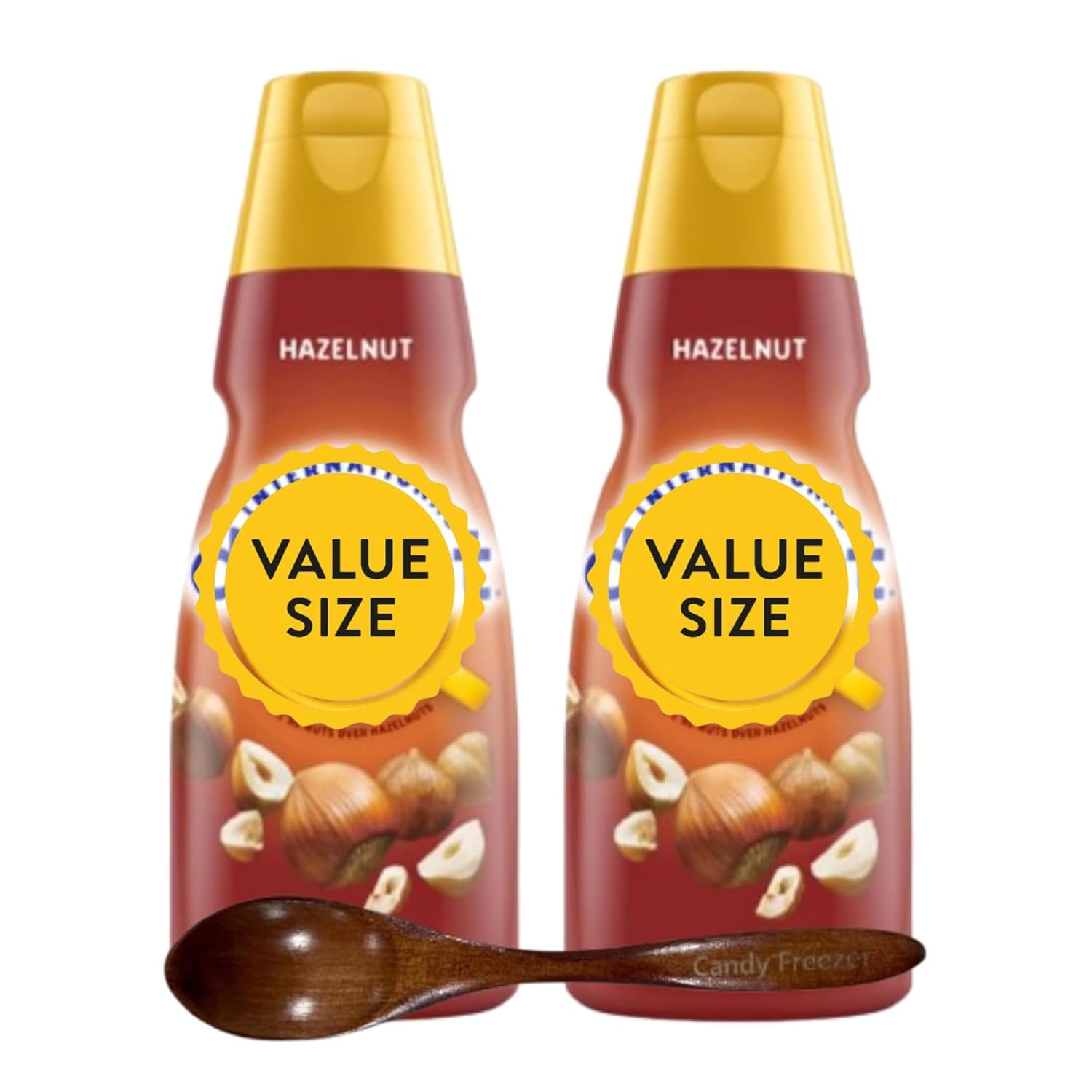 Hazelnut Liquid Coffee Creamer.- Two (2) 32 fl oz Bottles of Creamy Smooth Delightful Coffee Creamer Plus Candy Freezer Wooden Spoon (Hazelnut) - Spoon