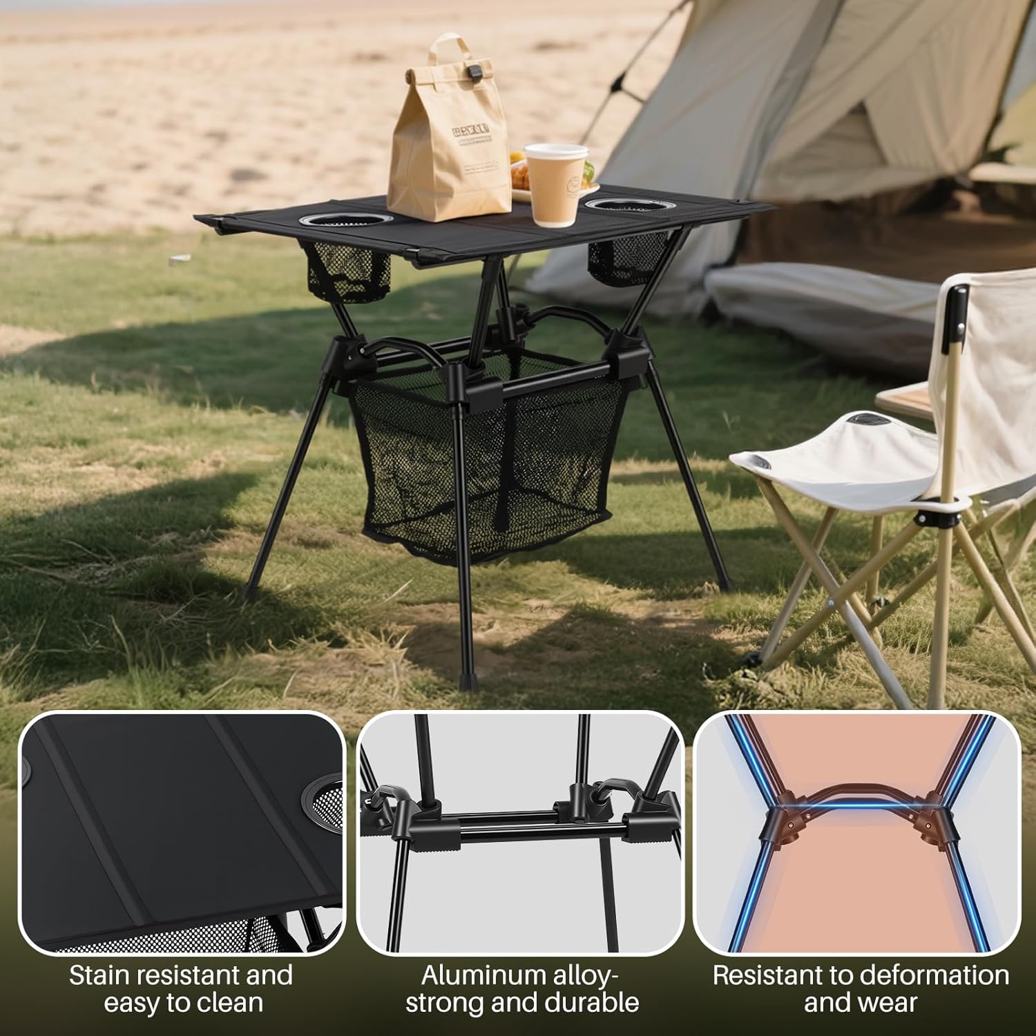 FUNYKICH Camping Table with Cup Holders and Mesh Storage Net, 23.2''x15.8''x20.1'' Lightweight Portable Folding Camp Table, Ideal for Camping, Hiking, Tailgating, Beach, Picnic, Travel, Backyard