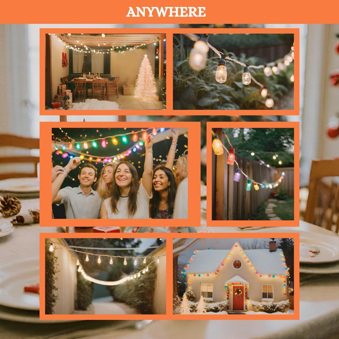 Crosslight Christmas 24-FT Remote Control Outdoor Color Changing RGB Waterproof LED String Lights -12 Hanging Sockets - Decorative Accent Light for Garden, Patio, Porch, Backyard, Yard, Cafe, Party