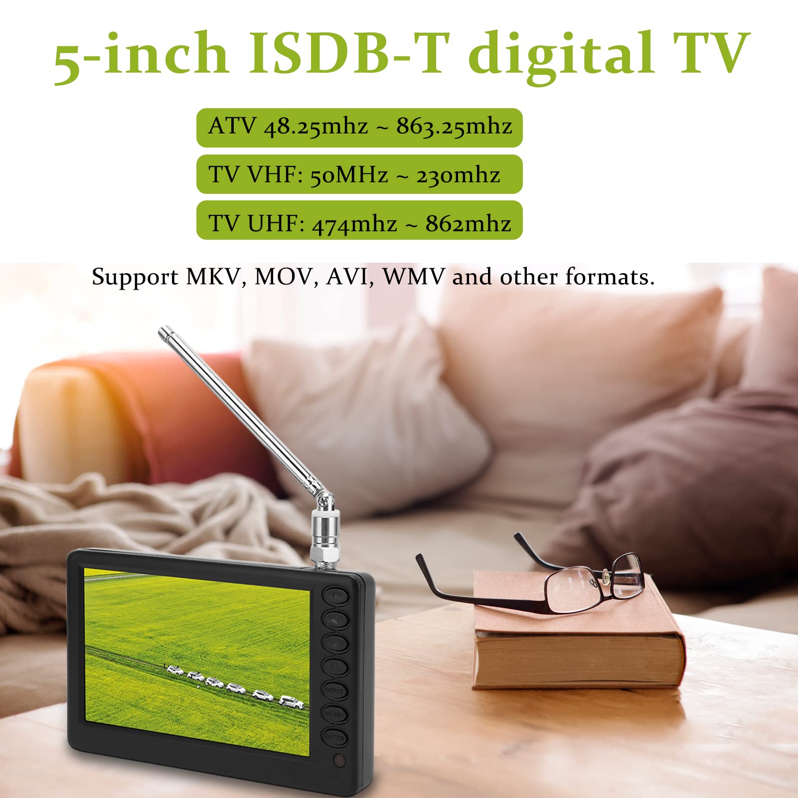 Téléviseur Portable 5 Pouces, 1080P ISDB T Pocket TV Numérique Compact TV, avec Batterie Rechargeable 1500 MAh, Prise en Charge USB, Carte TF, Mini Télévision Numérique pour Le