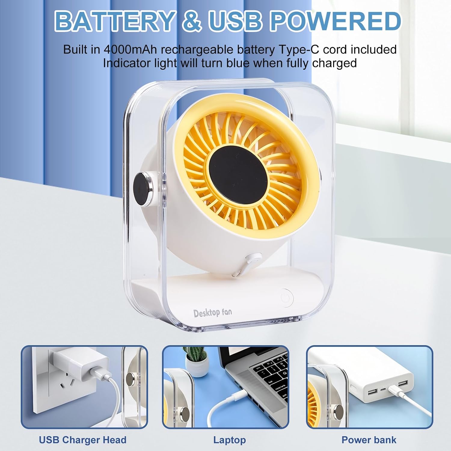 Table Fans Utra-quiet,Digital Display Rechargeable USB Fan,0-100% Speed, Long Lasting Power, Portable Fan for Home Office Bedroom Kitchen Travel Camping back to school supplies (3D float yellow)
