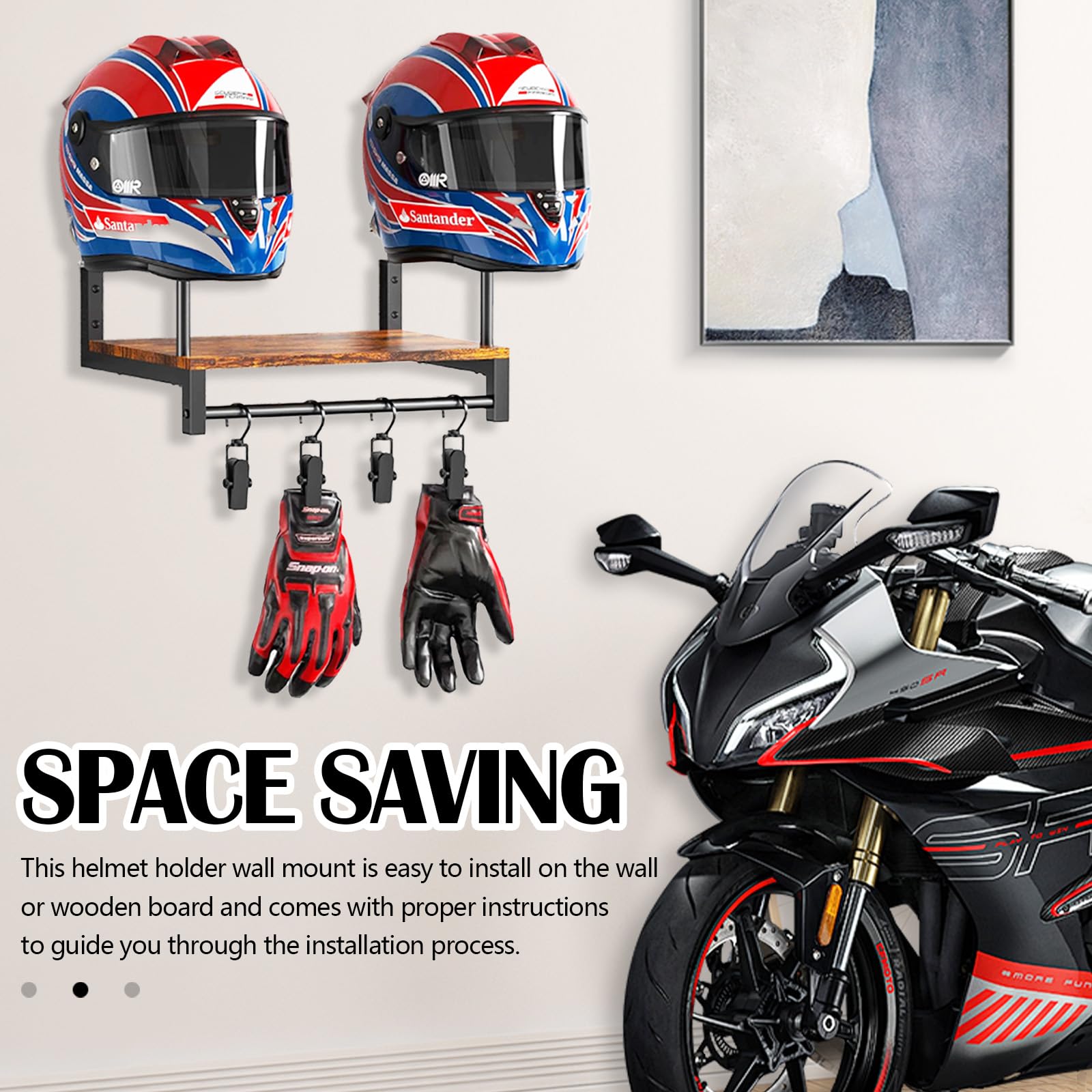 Porta Casco Moto da Parete, Appendi Casco Moto da Parete Supporto per Casco da Baseball per 2 Caschi Porta Cappello Espositore Porta Casco con 4 Clip per Appendere Guanti per Abbigliamento Moto