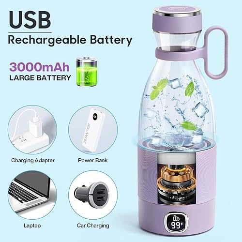 Miniatura 6 de MIAOKE - Licuadora portátil, vaso exprimidor de 6 cuchillas para batidos de jugo y licuados de 11.8 fl oz, mini licuadora con pantalla LED,