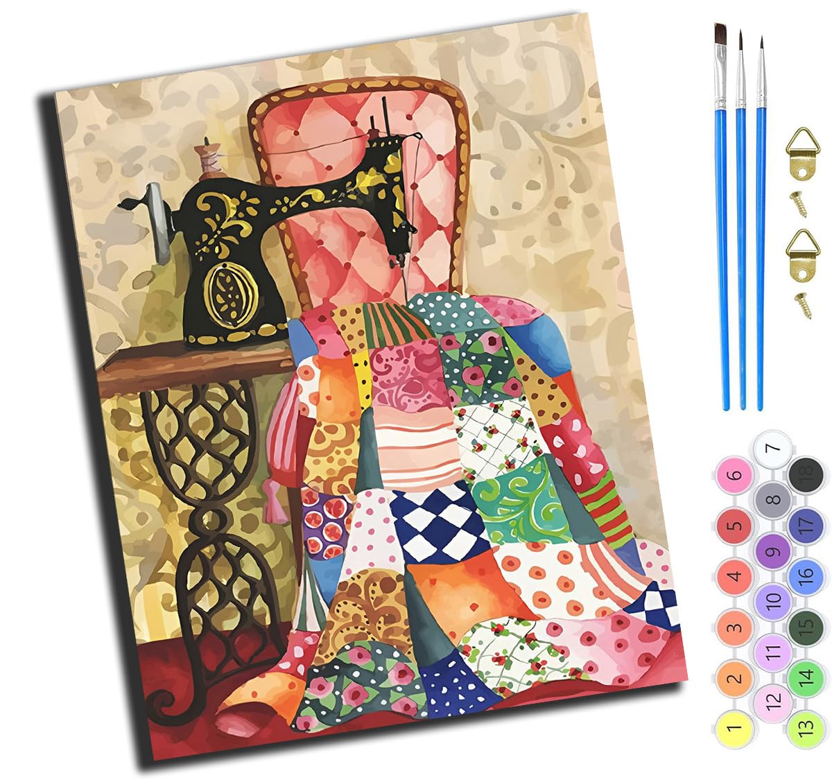 XIAOYOUQIAN Vintage Home Life Sewing Machine,Paint by Numbers,DIY Oil Painting Kit for Adults Beginner,with Paint Brushes and Acrylic Pigment，16 X 20 Inch，-Frameless
