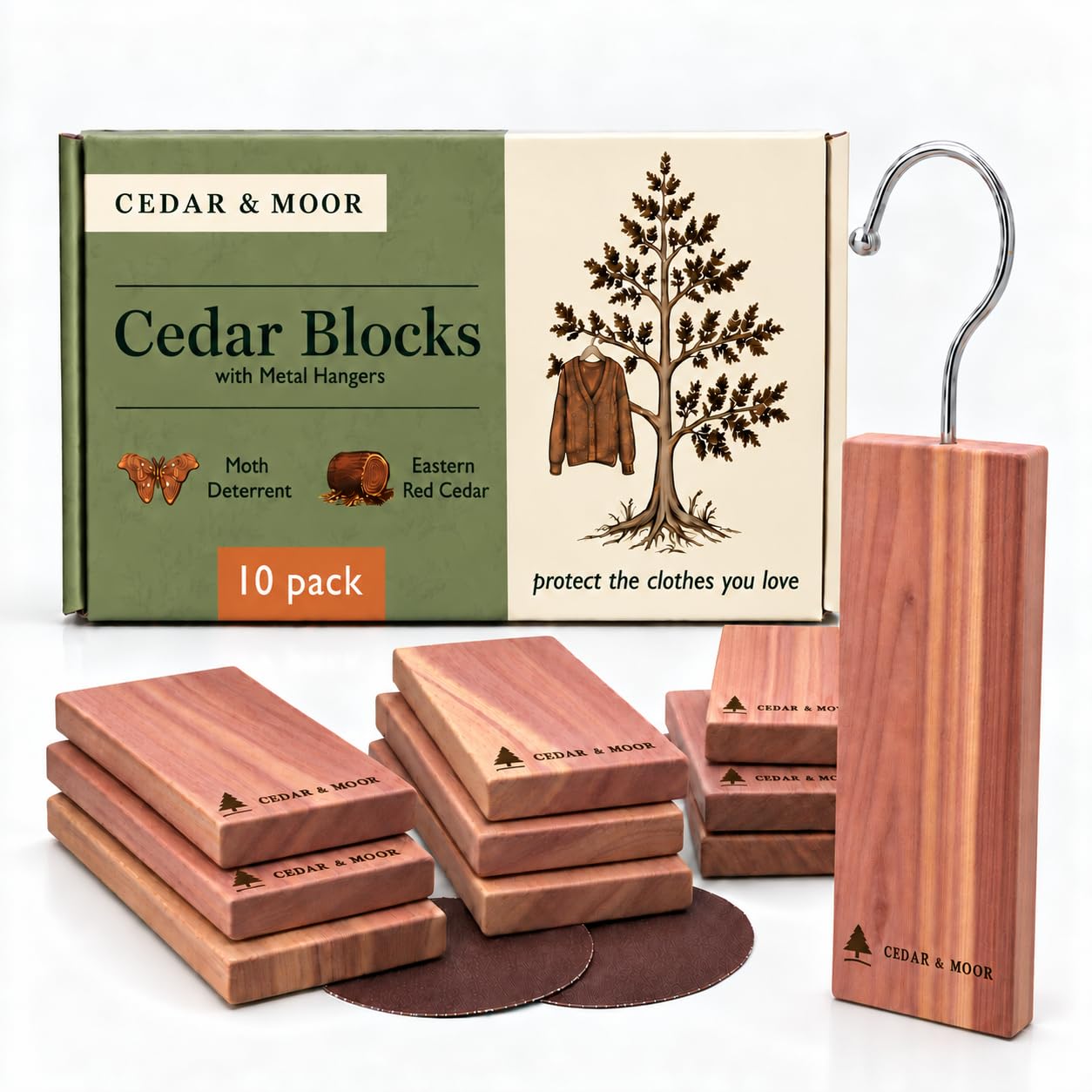 Cedar & Moor Cedar Blocks, 10 Pack Moth Deterrent for Wardrobes