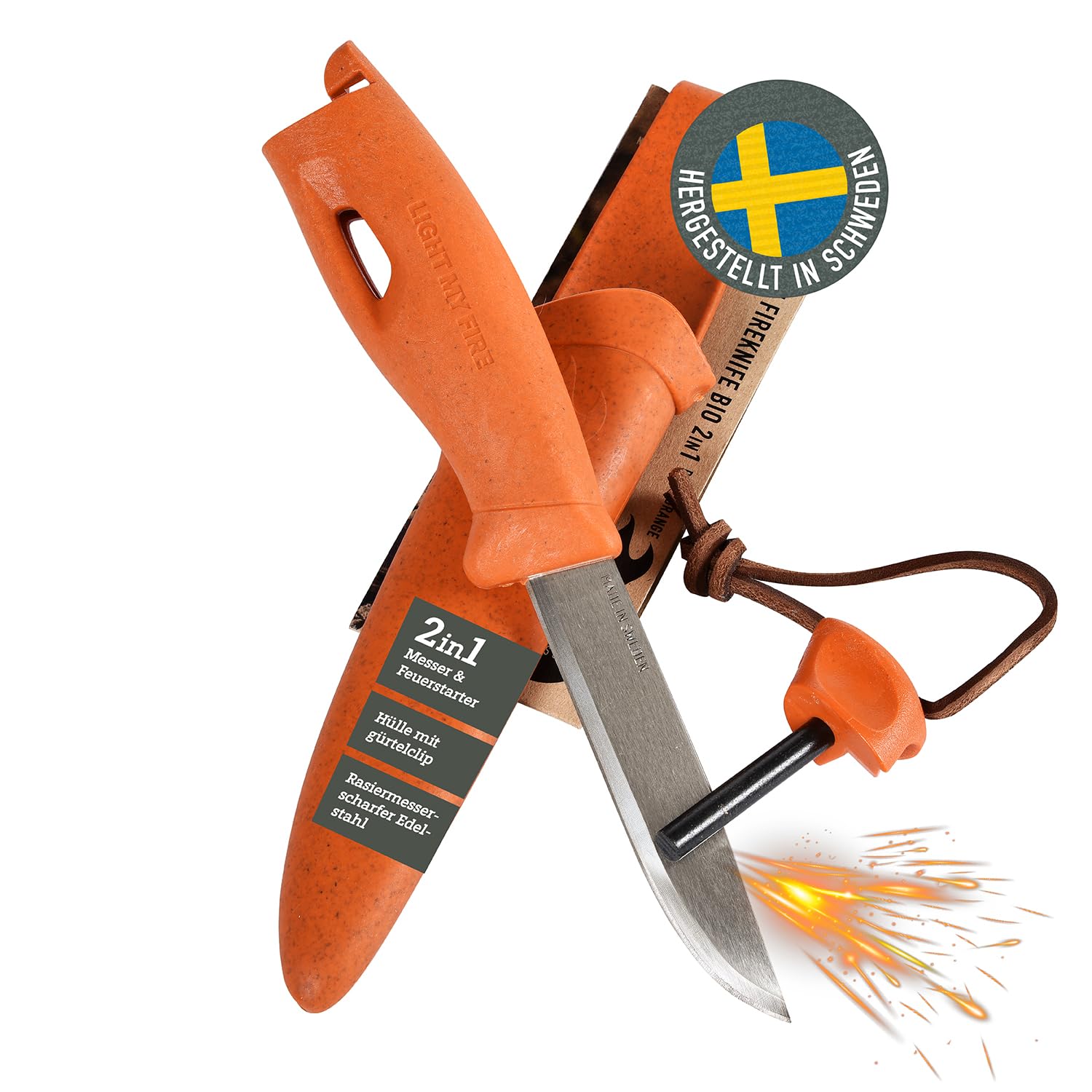 Light My Fire Messer mit Feuerstein - FIREKNIFE - Bushcraft- und Outdoor-Messer Hergestellt in Schweden, Rusty Orange