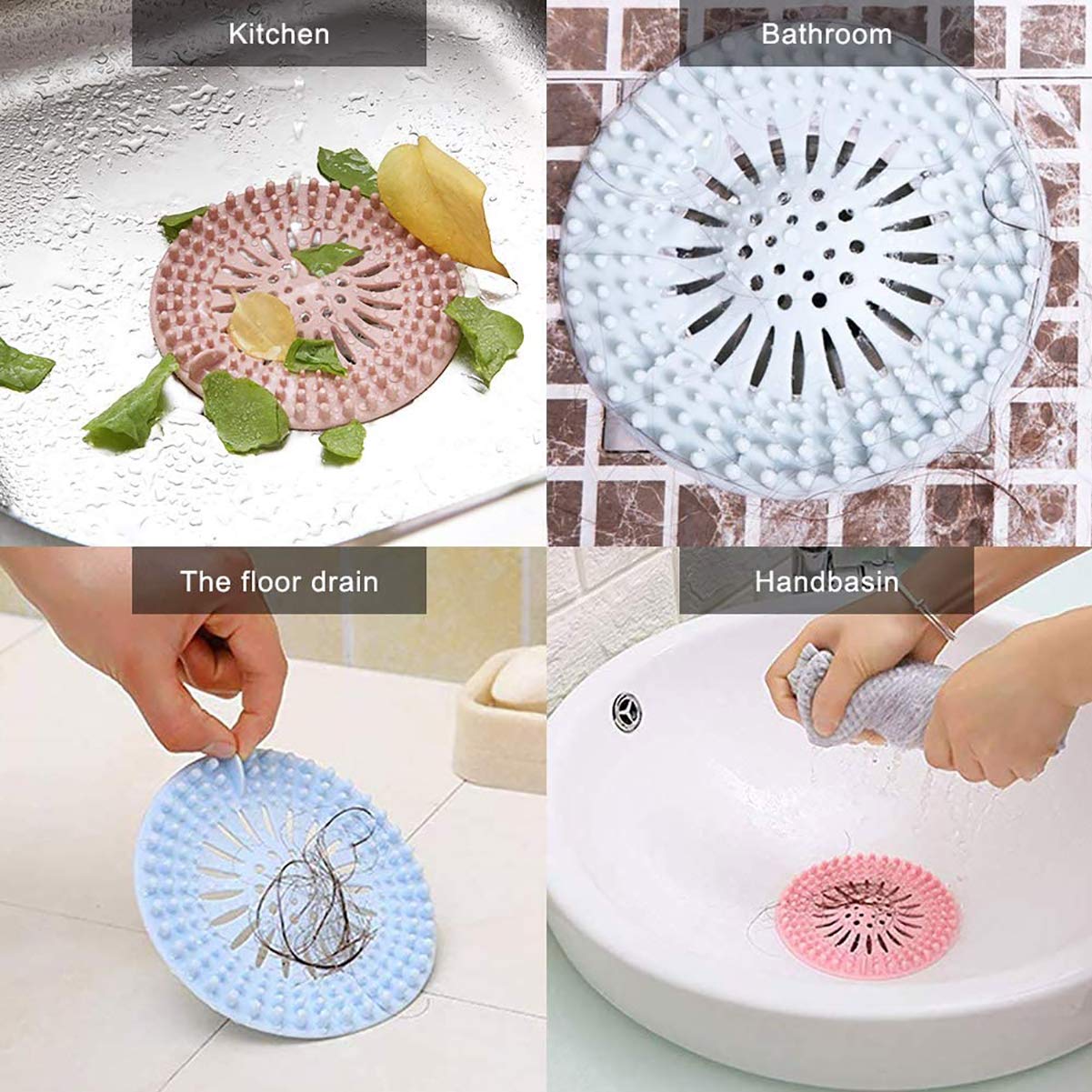 4 Pack Square Drain Hair Catcher, 5.7 In TPR Silicone Drain Cover With Suction Cups Flat Strainer For Shower Bathtub Kitchen Sink Gray White