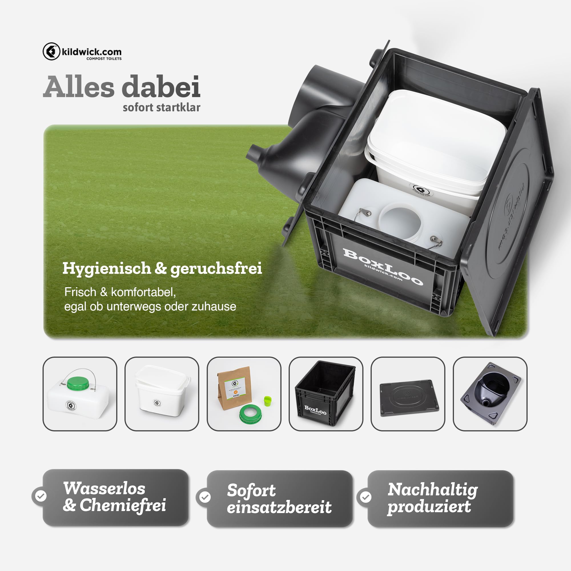 Kildwick BoxLoo – Campingtoilette, kompakt, mobil, chemiefrei, Trenntoilette im Eurobox-Format (40×30×29 cm) für Camping, Van, Outdoor, Garten oder Boot, autark inkl. Spillguard® Auslaufschutz