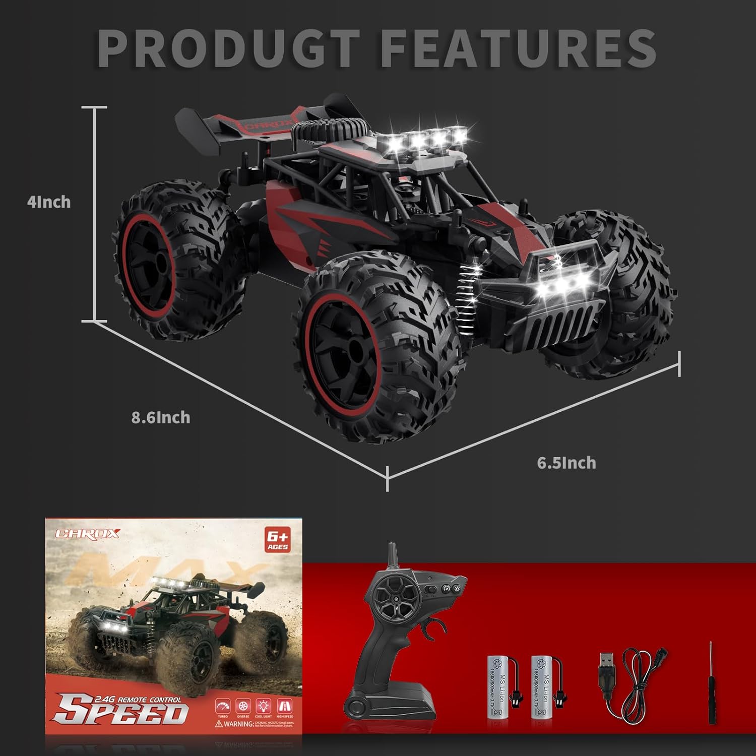 Carox Remote Control Car, 2.4GHz 25KM/H High Speed RC Car, 1:18 Off-Road Monster Truck with LED Lights and 1800mAh Rechargeable Battery – Ideal Gift for Boys 6+ - Image 5