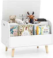 Vista 11 de Costzon Caja de juguetes de madera, organizador de almacenamiento de juguetes para niños con estantería frontal, tapa abatible, bisagra