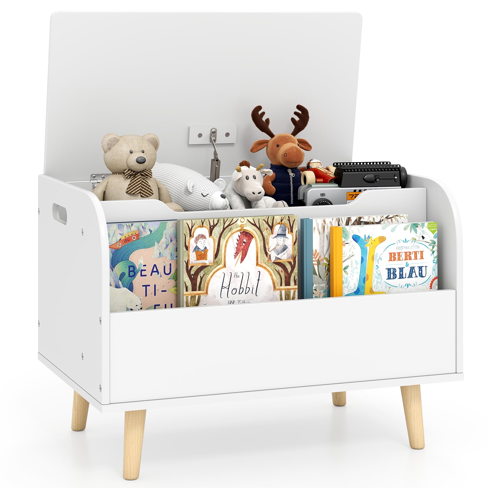 COSTWAY Wooden Toy Box, Kids Storage Chest with Flip-top Lid, Front Bookshelf, Multifunctional Children's Organizer Cabinet for Playroom Bedroom (White, 60 x 40 x 43cm)