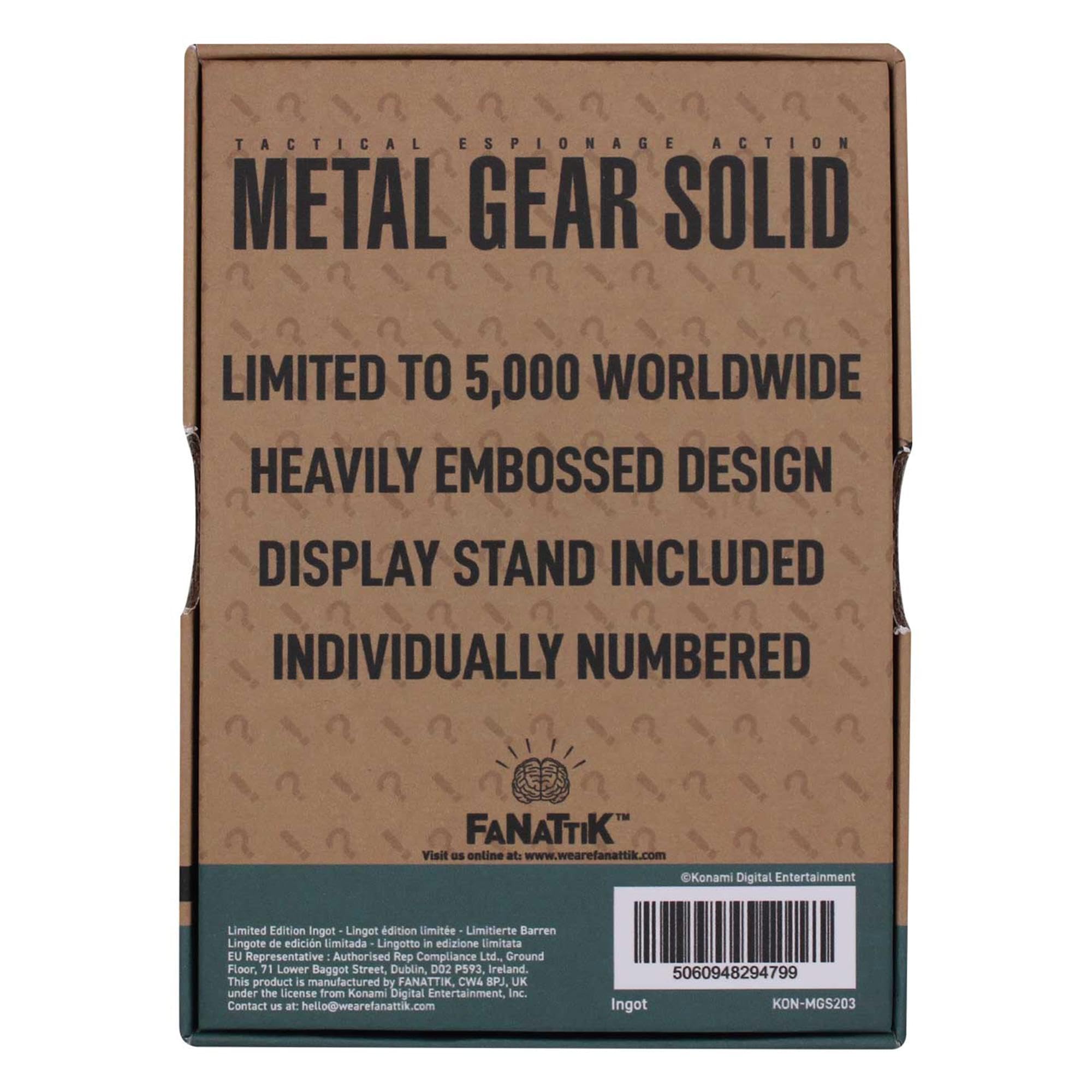 FaNaTtik Metal Gear Solid 2 - Lingotto di metallo Raiden da collezione, prodotto con licenza ufficiale, edizione limitata 5.000 in tutto il mondo, numerato con espositore