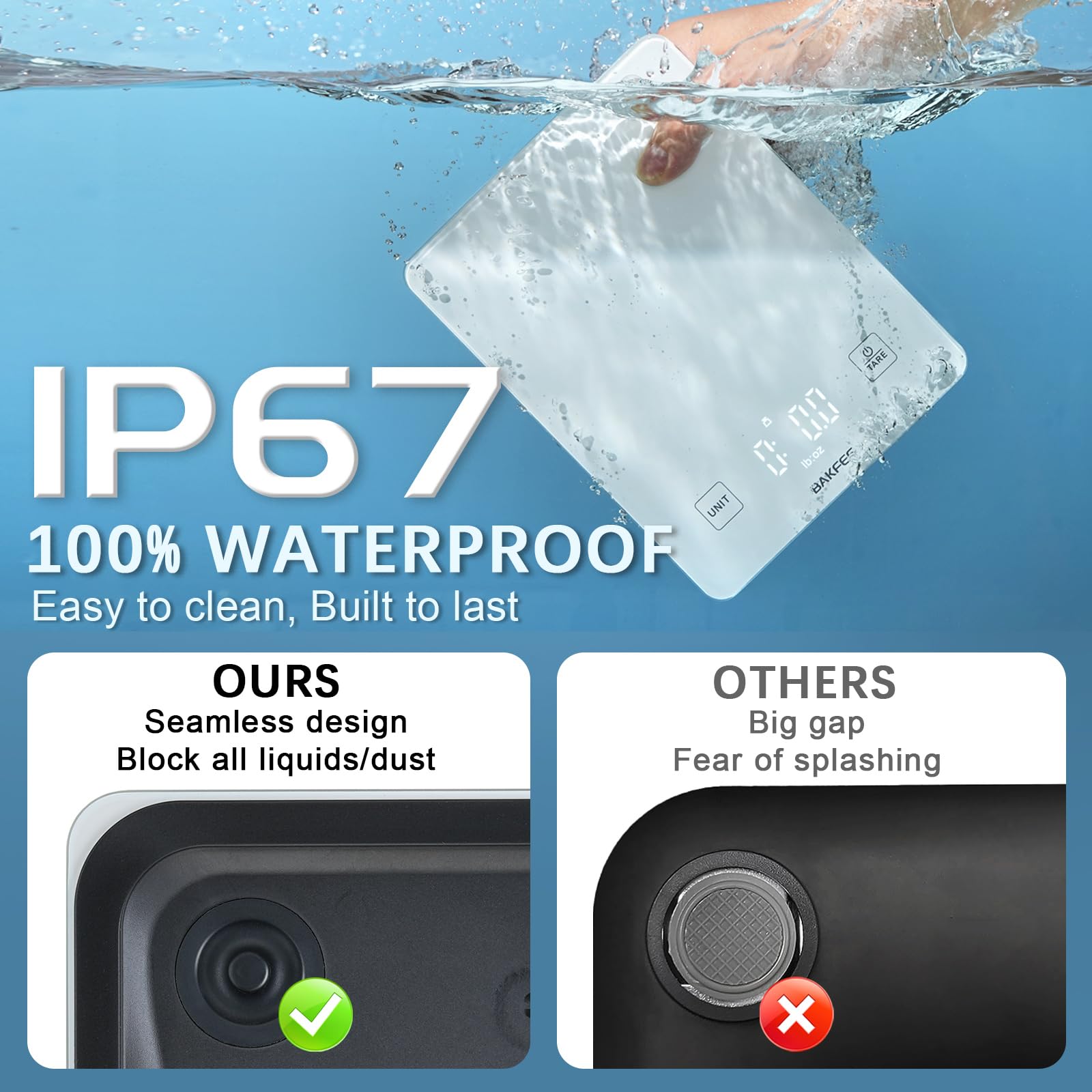 IP67 Waterproof Kitchen Scale with Tempered Glass Surface, 22lb Food Scale 1g/0.1oz Precision, USB Rechargeable, LED Display, Grams and Ounces, for Baking, Cooking, Making Sourdough Bread. White