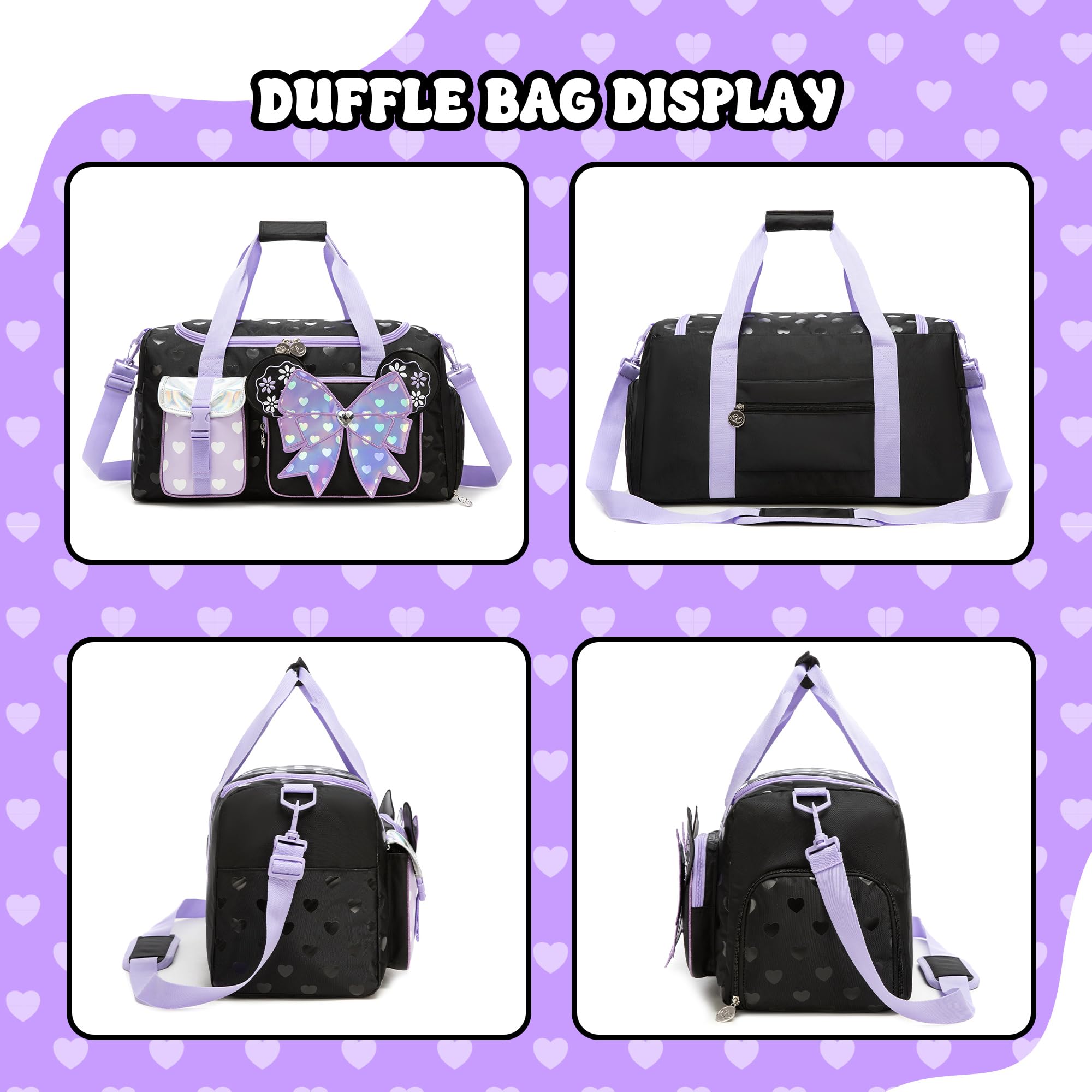 Sac de Danse & Sport Fille (Nœud) – Sac de Voyage Enfant avec Compartiment à Chaussures – Grand Sac Week-End pour Piscine & Soirée Pyjama (Violet)