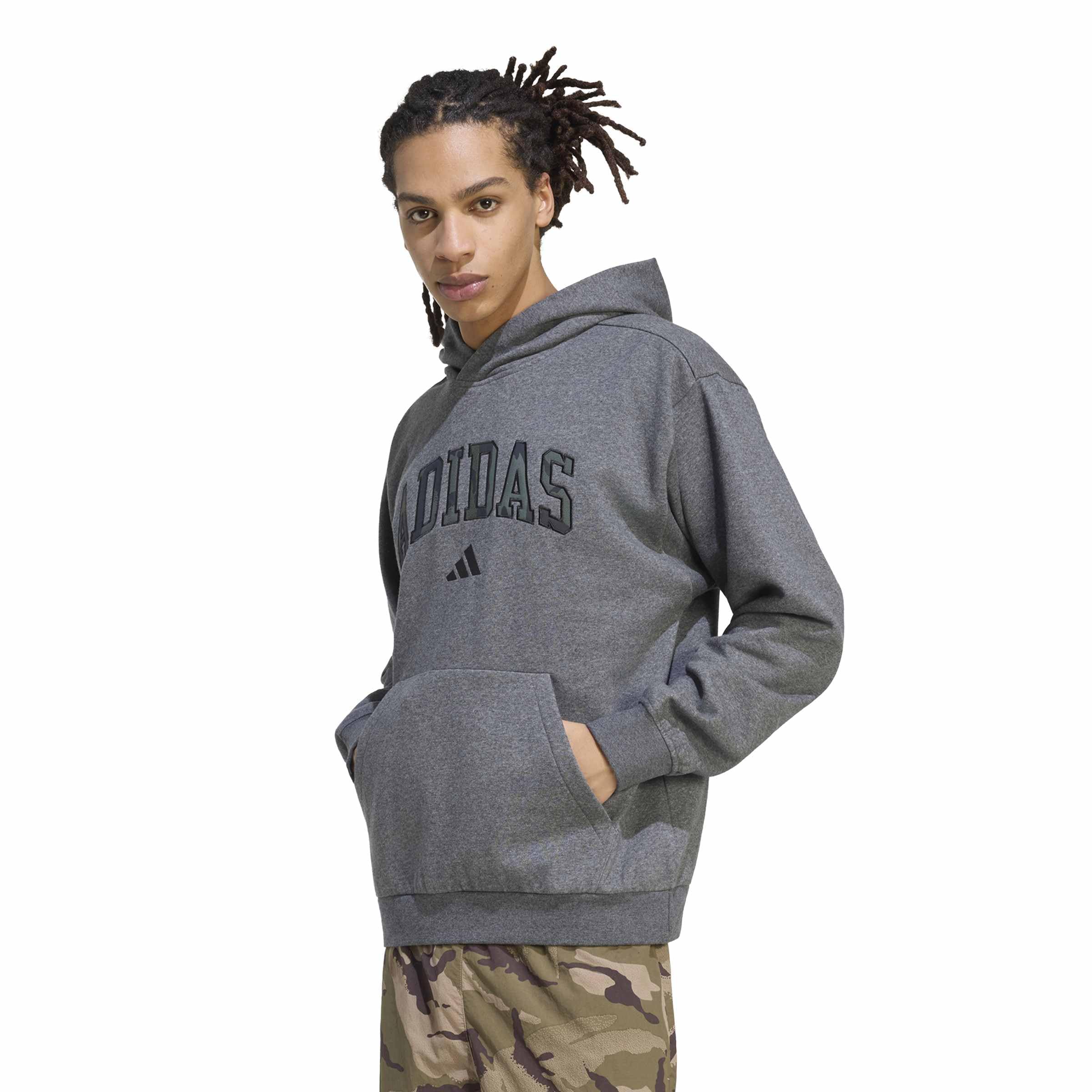 adidas Mezczyzni Seasonal Essentials Camo Hooded Sweat Sweatshirt, dark grey heather/MULTICOLOR, XS