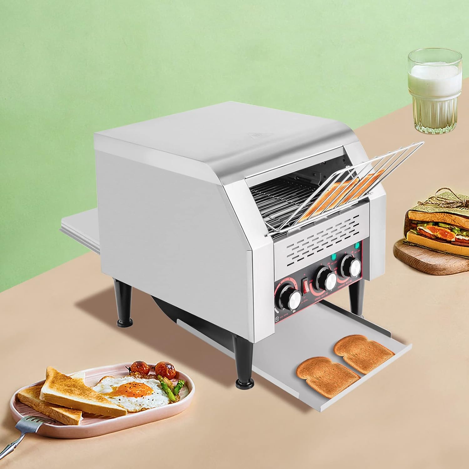 Conveyor Toaster, 110V 2200W 300 Slices/Hour Commercial Toaster Stainless Steel Heavy-Duty Industrial Toasters w/Double Heating Tubes for Restaurant or Bakery Bun Bagel Bread Baked Food