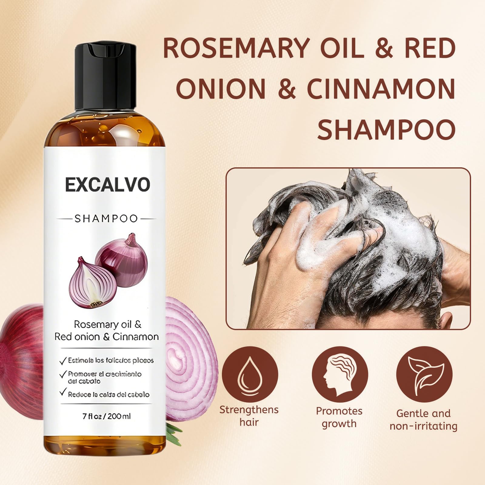 Excalvo Champu de Cebolla, 2026 Nuevo Champú Cebolla, Champu Excalvo, Con Extracto De Canela, Limpieza Diaria Para Un Cabello Más Denso En Apariencia, para Hombres y Mujeres, 200 ml (1 Botella) — view 4