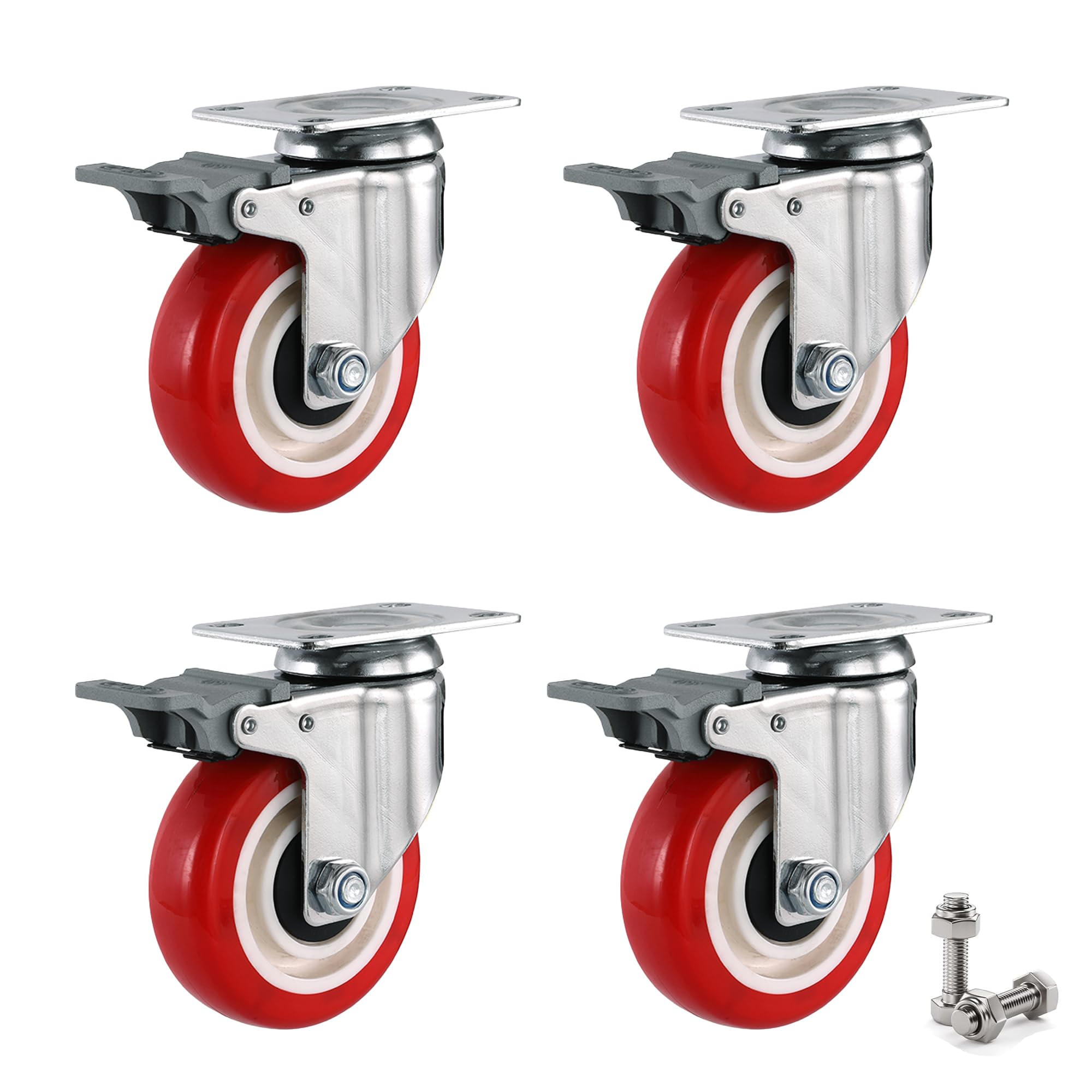 Lot de 4 roulettes pivotantes pour charges lourdes, avec frein, 100 mm, jusqu'à 600 kg, pivotantes à 360 °, pour meubles, rouges, silencieuses
