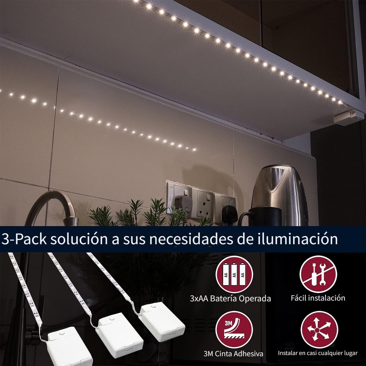 BestLuz Tira de luces LED que funciona con pilas para cocina debajo del gabinete, estantes, armario, paquete de 3 inalámbrico, blanco neutro, 4000K