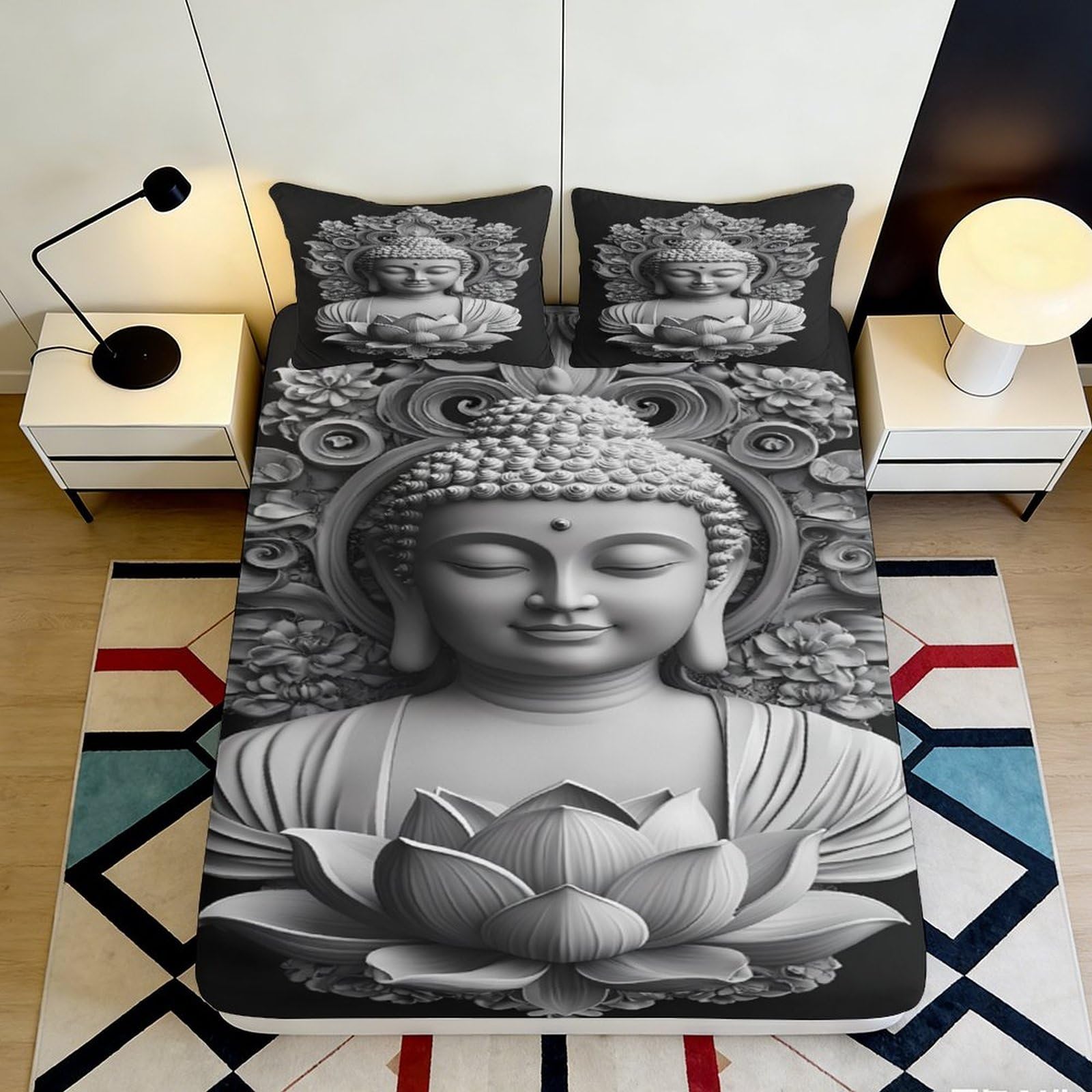 3D Printed Buddha Lotus Fitted Sheet Microfiber Black White Spiritual Flowers Mattress Cover for Bedroom Guest Room Decor 90x200x25cm