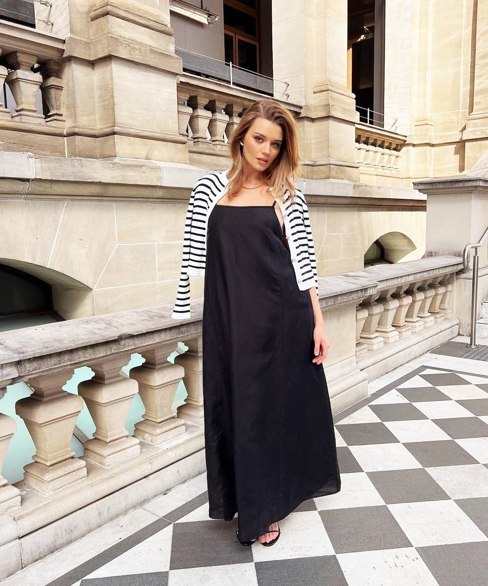 Senllen Women's Linen Dress Summer Loose Flowy Sundress Contrast Spaghetti Strap Sleeveless Backless Beach Maxi Long Dresses - Image 3