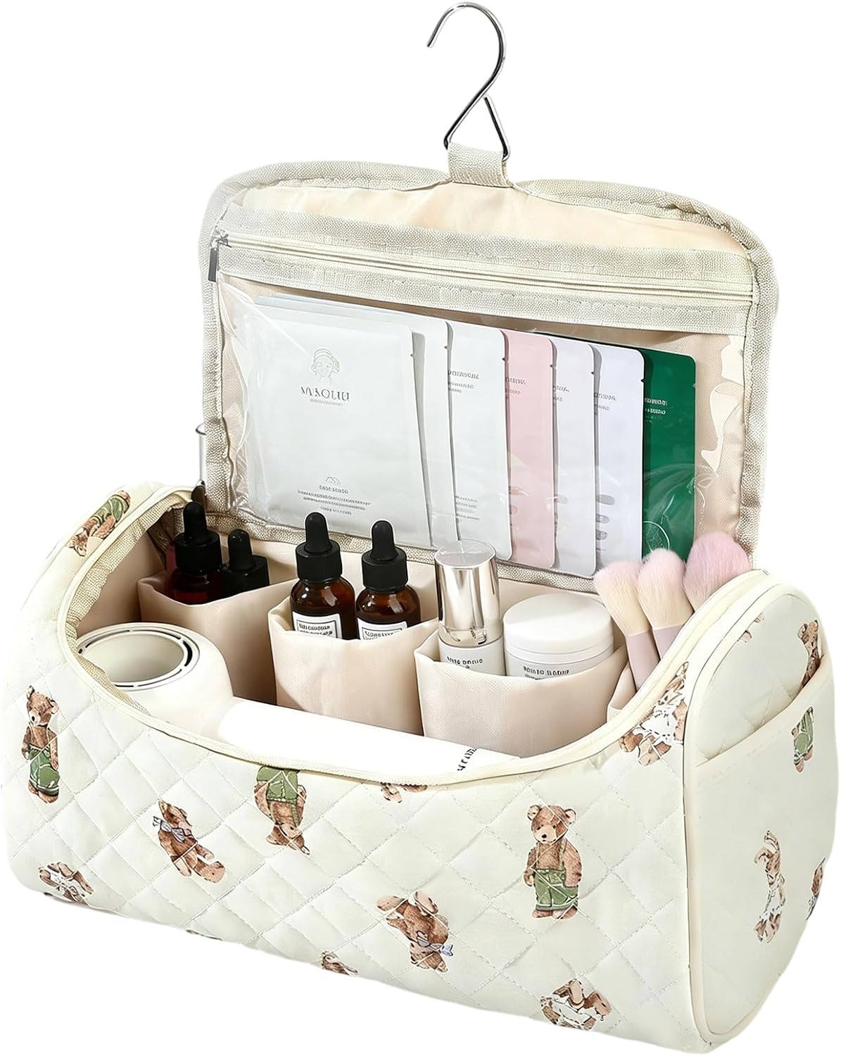 Quilted Hair Tools Travel Case, Cotton Portable Storage Bag with Hanging Hook, Cute Dustproof Organizer Case Hair Dryer Travel Bag for Hair Curler Accessories (01-brown bears)
