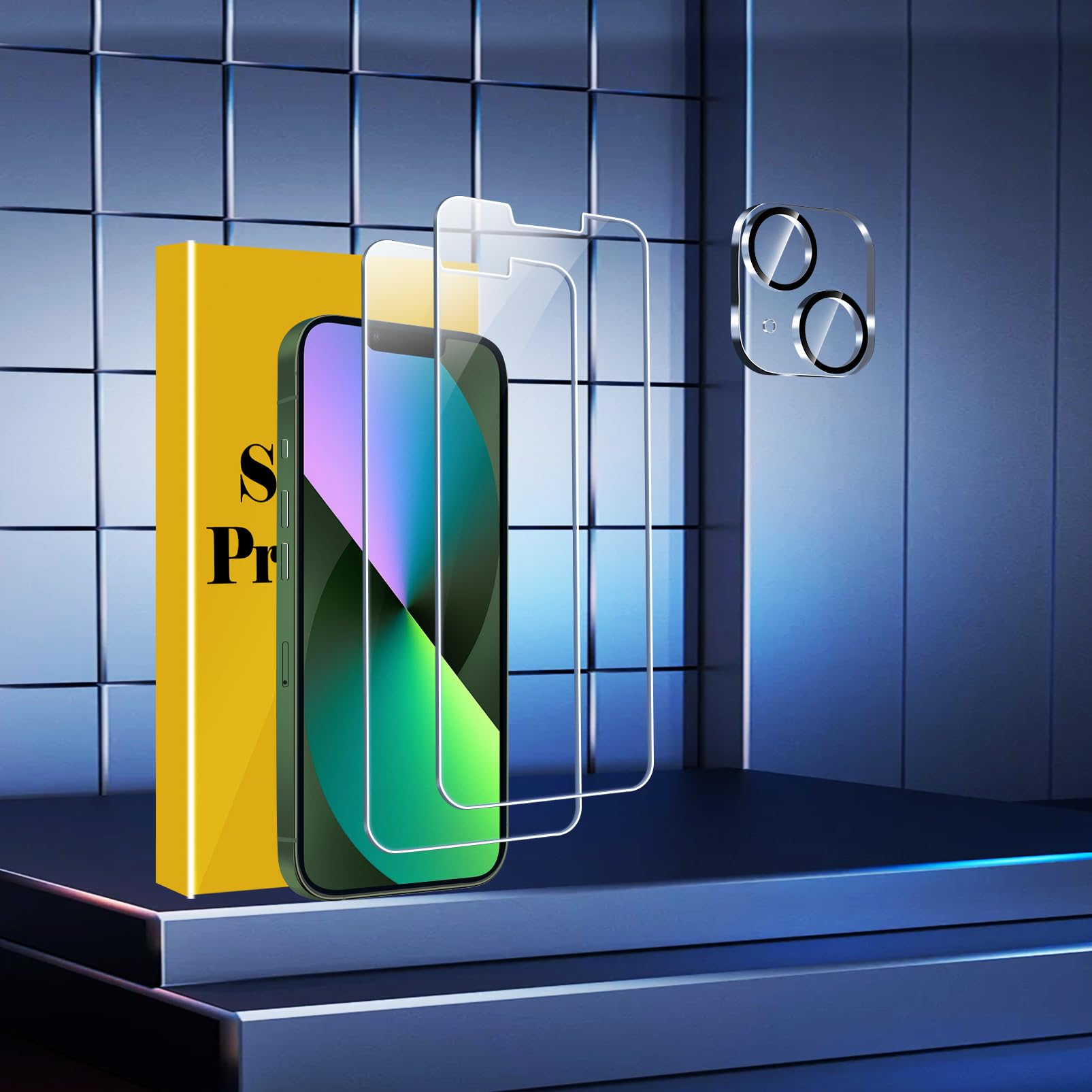 Paquete de 2 protectores de pantalla para iPhone 13 Mini, con 1 protector de lente de cámara de vidrio templado, accesorios compatibles con fundas para Apple