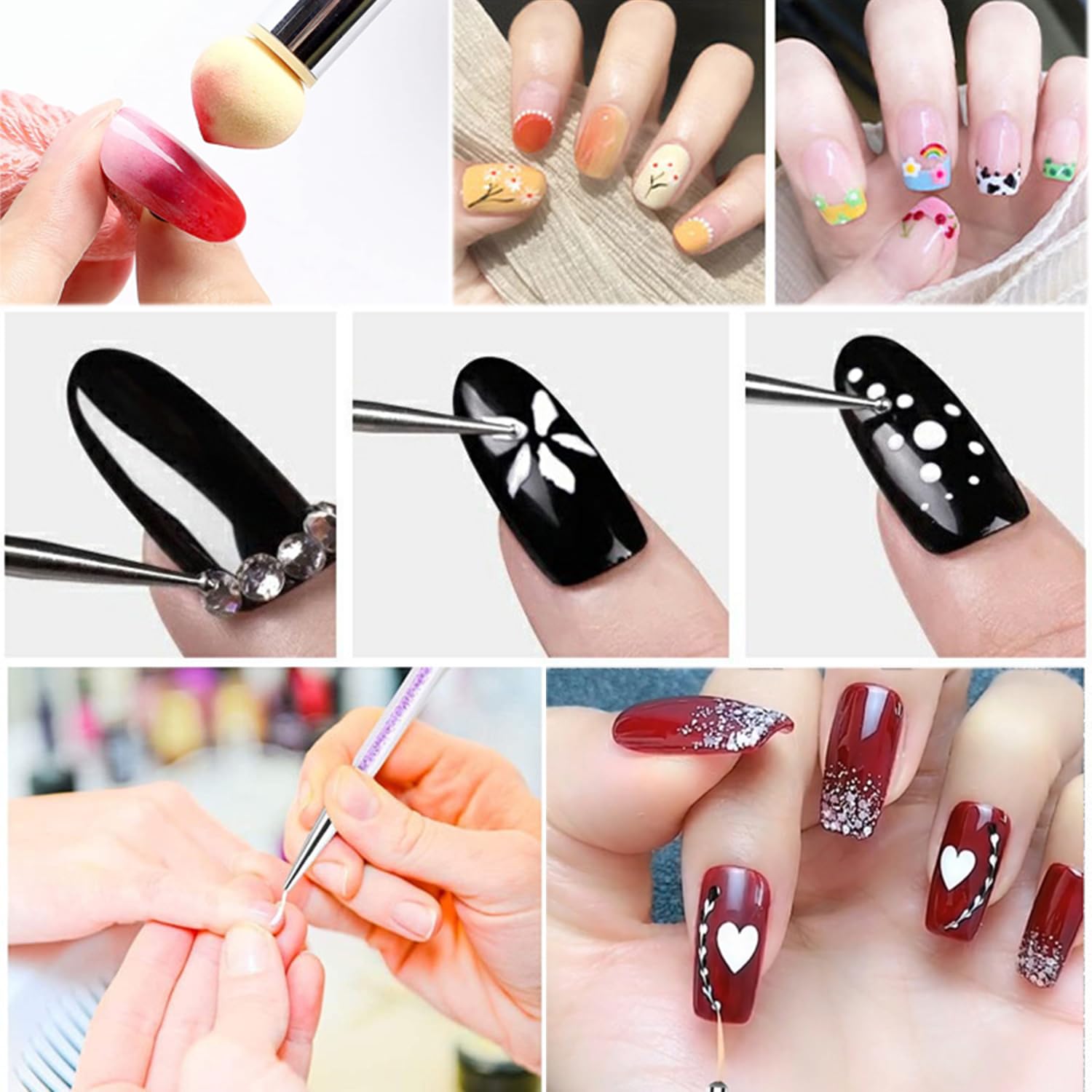 Juego de 6 pinceles de uñas, pinceles de doble extremo, para decoración de uñas, acrílicos, delineador de uñas, herramienta de punteo para el diseño de uñas (con 1 cepillo de esponja)