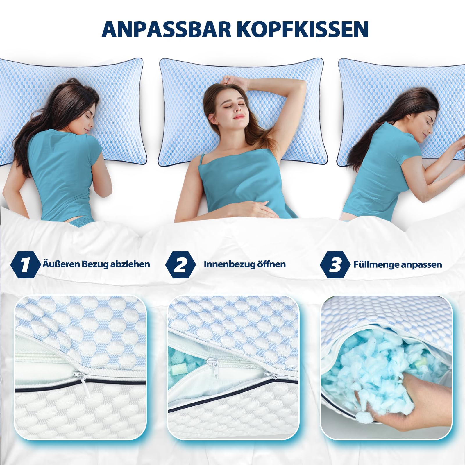 Memory Foam Kissen Kühlendes Kopfkissen Nackenkissen Ergonomisches Seitenschläferkissen 40x80 cm Blau-grau