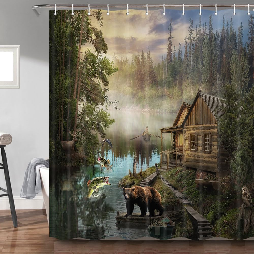 Bzhilja Natural Scenery Lake House Bear Shower Curtain Sets, Wooden Cabin Pine Tree in Magic Forest, Waterproof Fabric Bath Curtain Bathroom