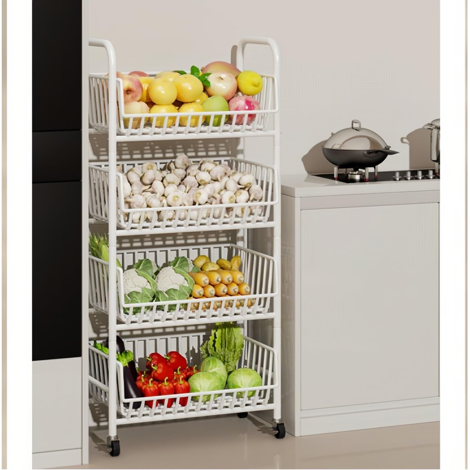 Carro rodante de 4 Niveles for Productos, Estante Almacenamiento Cesta Frutas y Verduras Cocina móvil Carro Utilitario(Blanco,Pequeño)