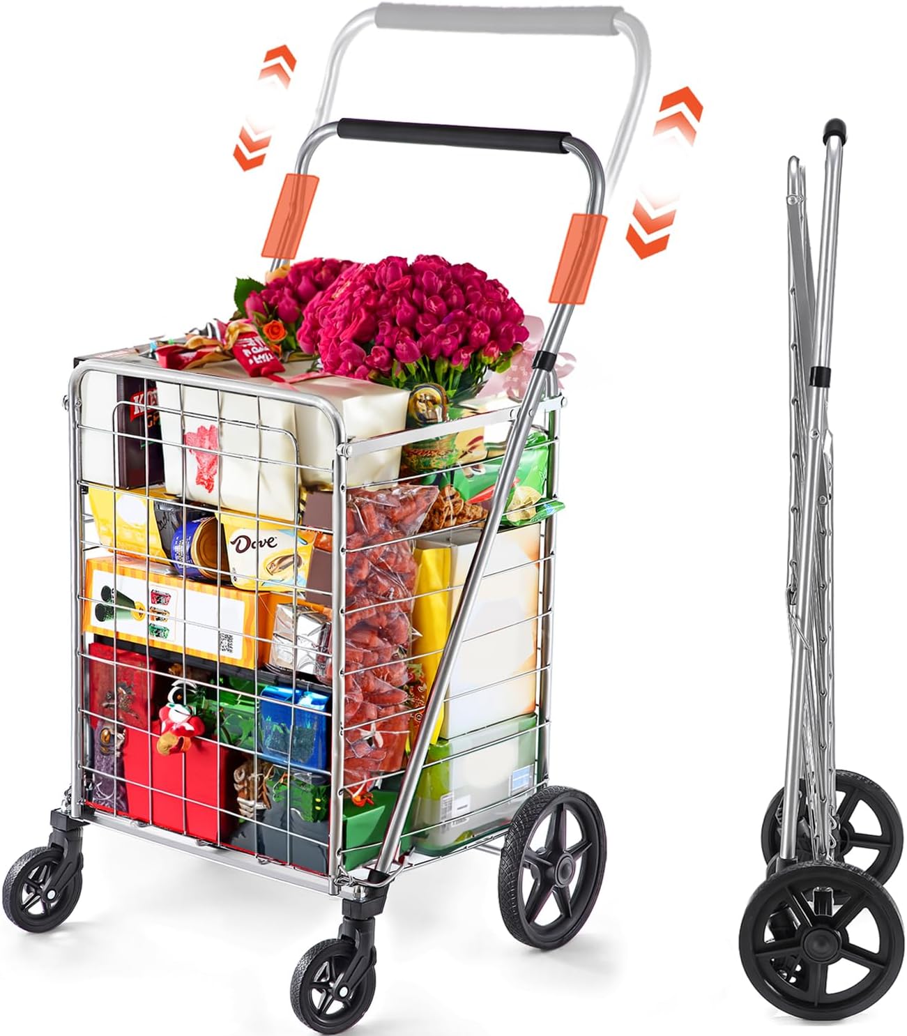 Folding Grocery Cart with Wheels – Heavy Duty Utility Cart with Upgraded Steel Frame, Extra Large Basket, Adjustable Padded Handle, Swivel Front Wheels, Foldable Design, 90 lb Capacity