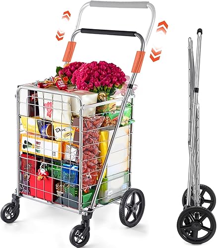 Miniatura 36 de Wellmax - Carrito para ir de compra con ruedas, carrito de metal para comestibles, con ruedas giratorias dobles y cesta adicional, carro plegable